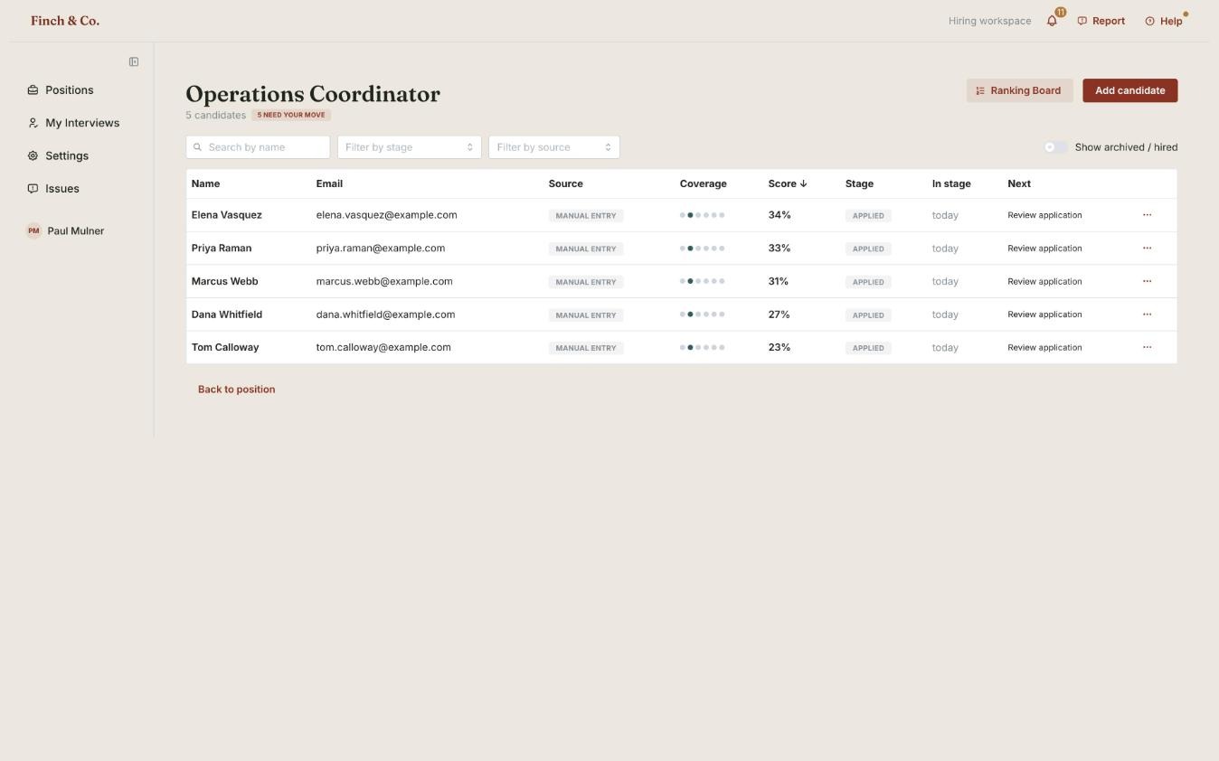 Maycomb hiring workspace screenshot